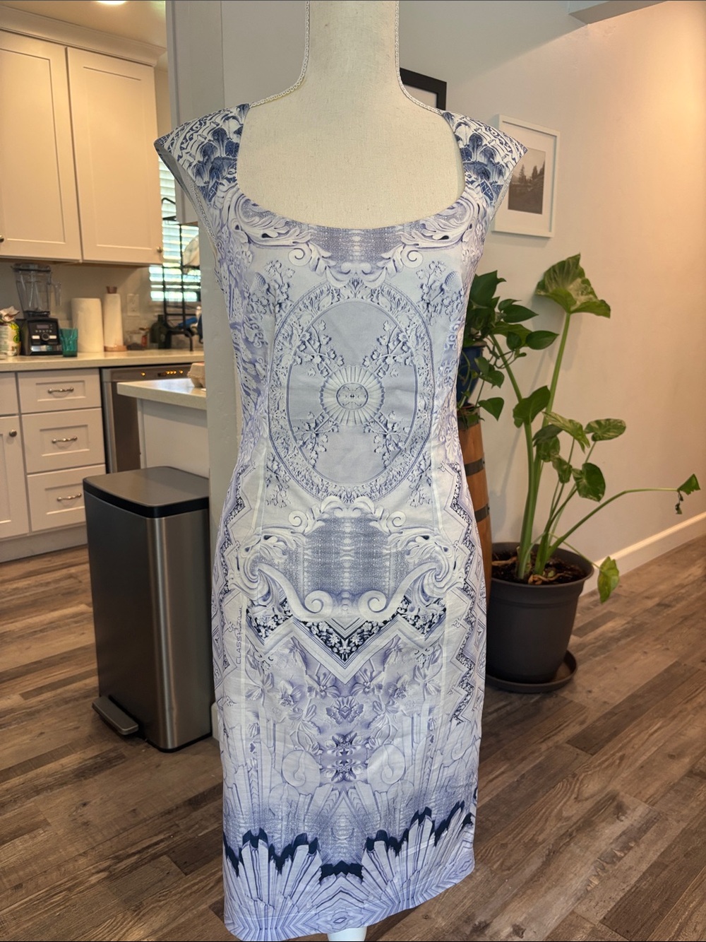 Cavalli Class White Midi Dress with Blue Baroque Print
